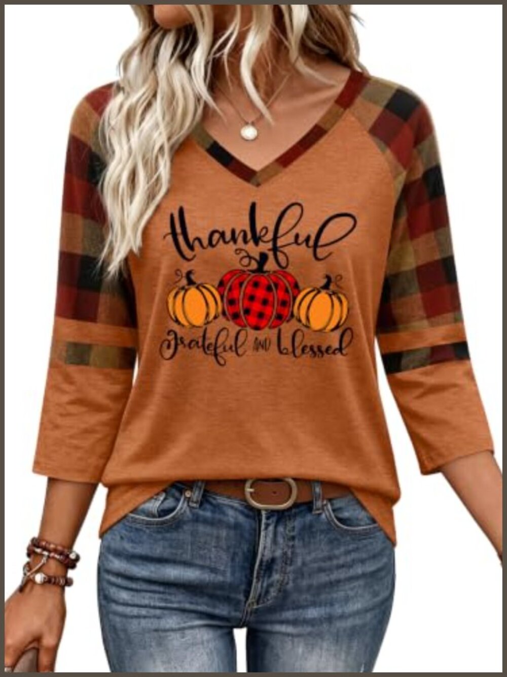 Thankful Grateful Blessed Pumpkin Graphic V-Neck 3/4 Sleeve T-Shirt